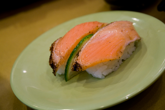 Seared salmon with skin on sushi