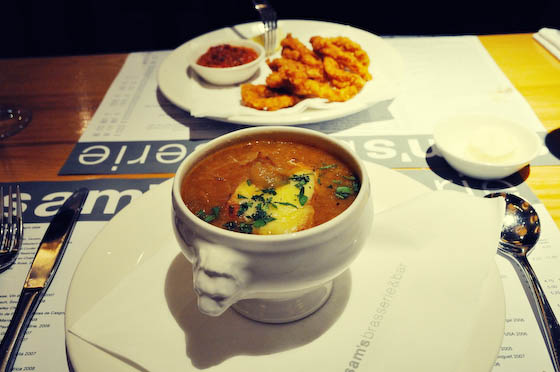 French Onion Soup and Fried Calamari Rings