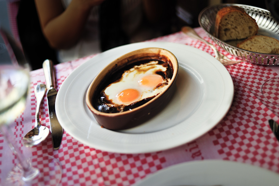 Eggs in red wine and Shallots