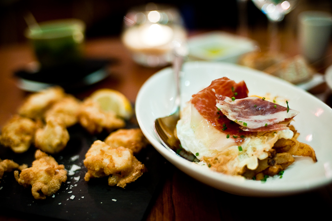 Iberica Tapas: broken eggs, and fried monkfish