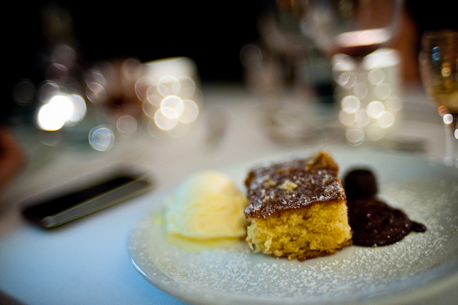 Sheen Suppers: Orange sponge cake, vanilla ice cream, chocolate.